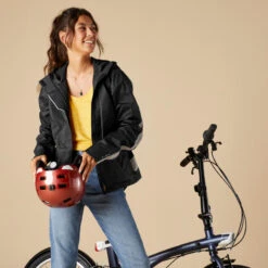 BTWIN VESTE PLUIE VÉLO VILLE 540 FEMME NOIRE CERTIFIÉE EPI VISIBILITÉ